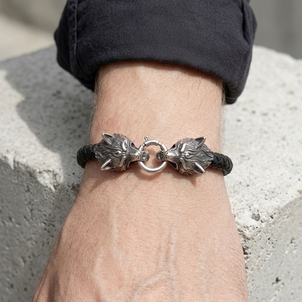 Bracelet tête de loup porté, avant-bras posé sur un bloc de béton