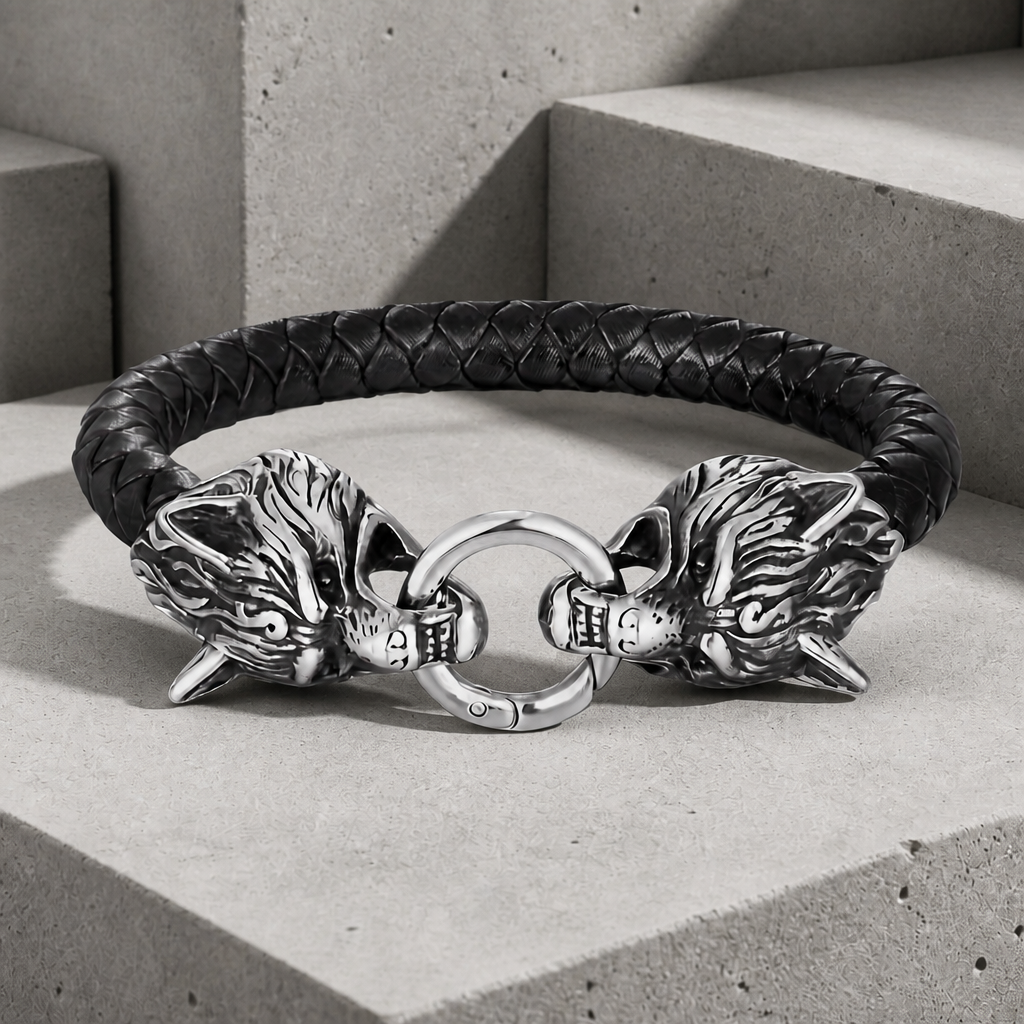Bracelet homme tête de loup, cordon noir tressé et anneau à ressort, vue de face
