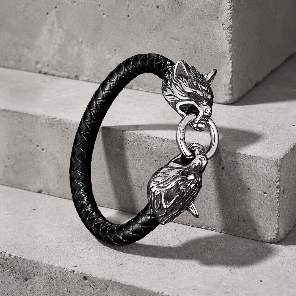 Bracelet tête de loup viking en cordon noir, vue de trois quarts sur béton