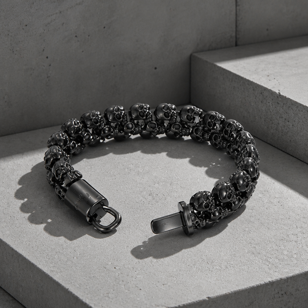 Fermoir boîtier à clip du bracelet tête de mort, ouvert sur du béton