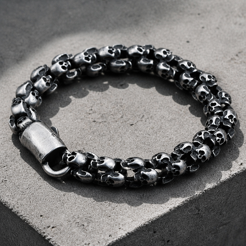 Macro de la maille du bracelet tête de mort, crânes sculptés en relief