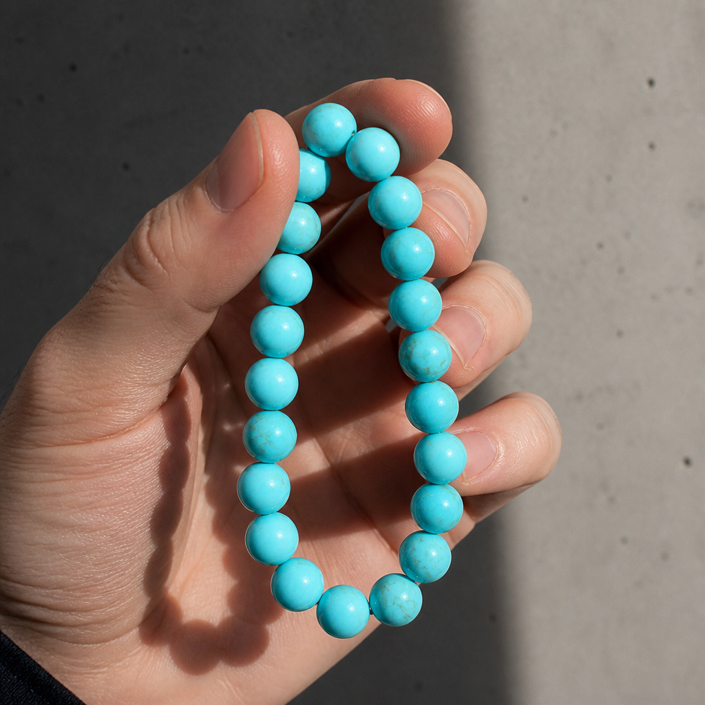 Bracelet turquoise tenu en main, rang de perles d'agate