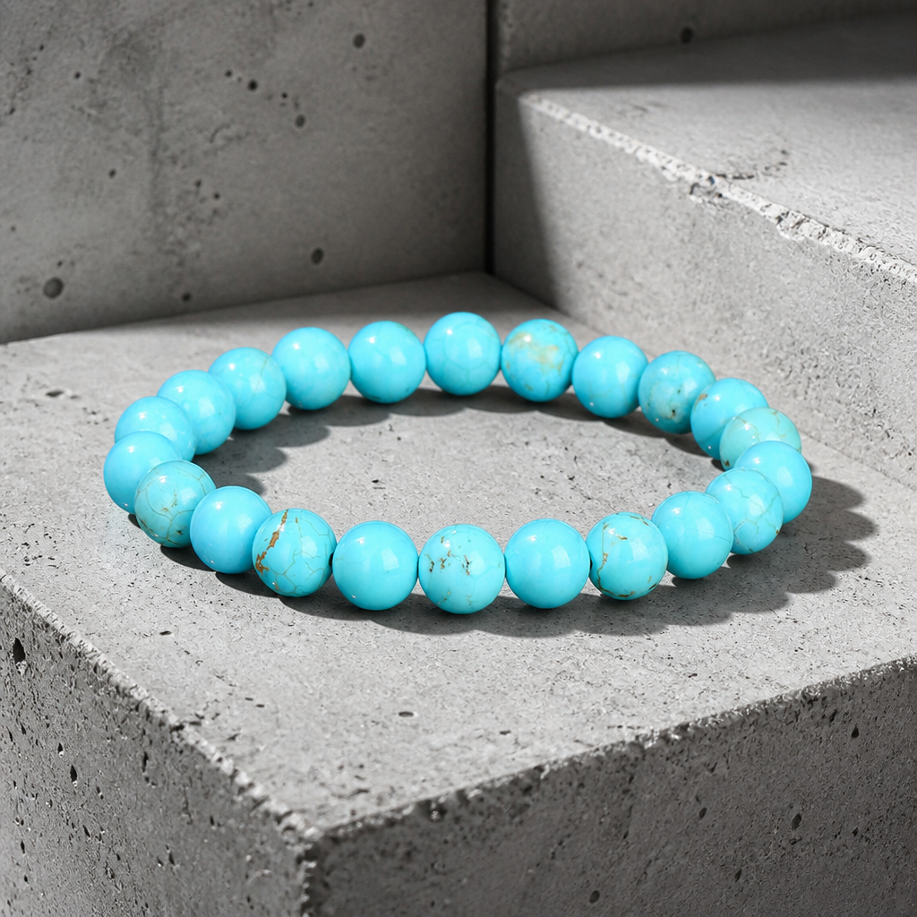 Bracelet homme agate teintée turquoise, vue de trois quarts sur béton
