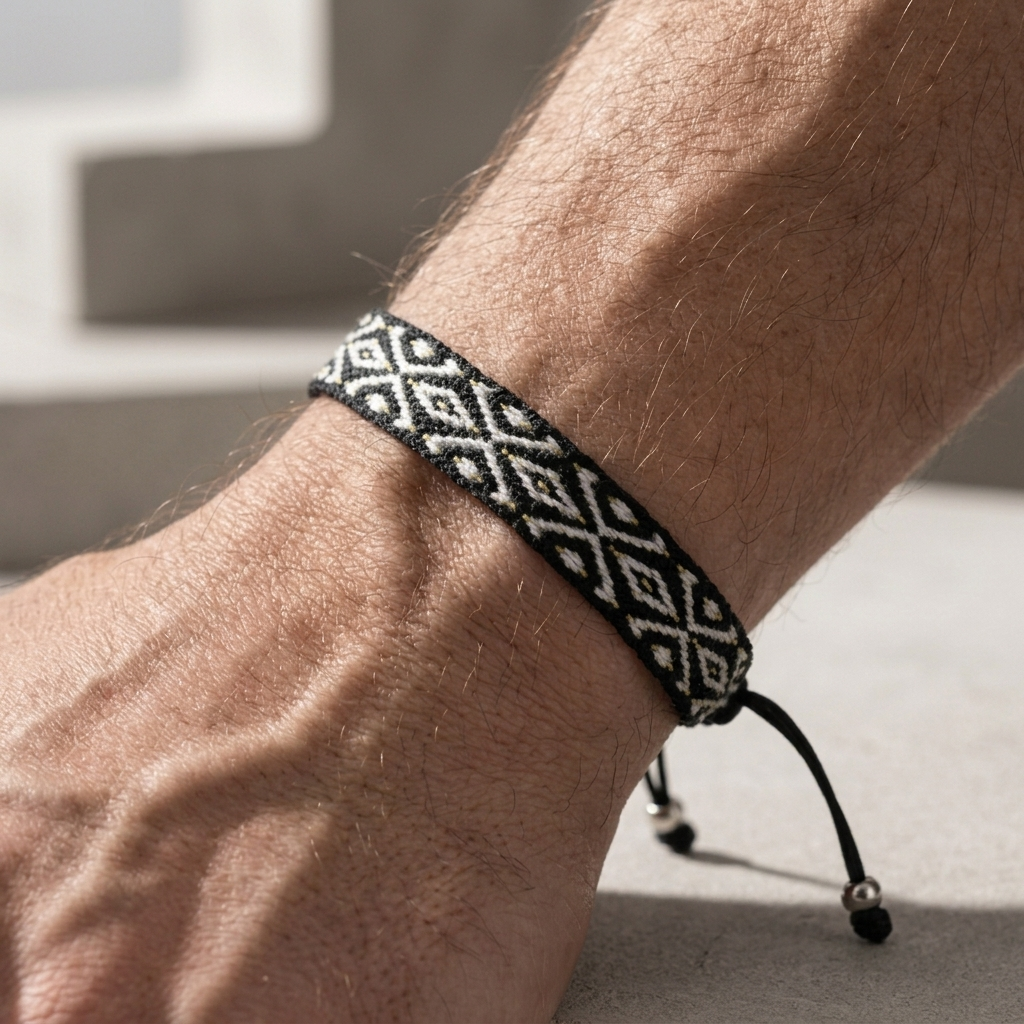 Bracelet indien homme noir porté au poignet, avant-bras posé sur une dalle