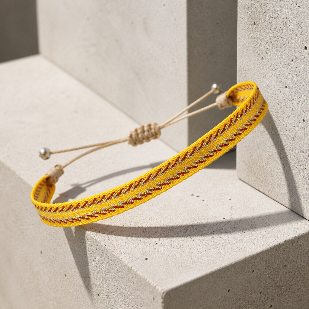 Coloris jaune moutarde, chevrons tissés et cordons beiges