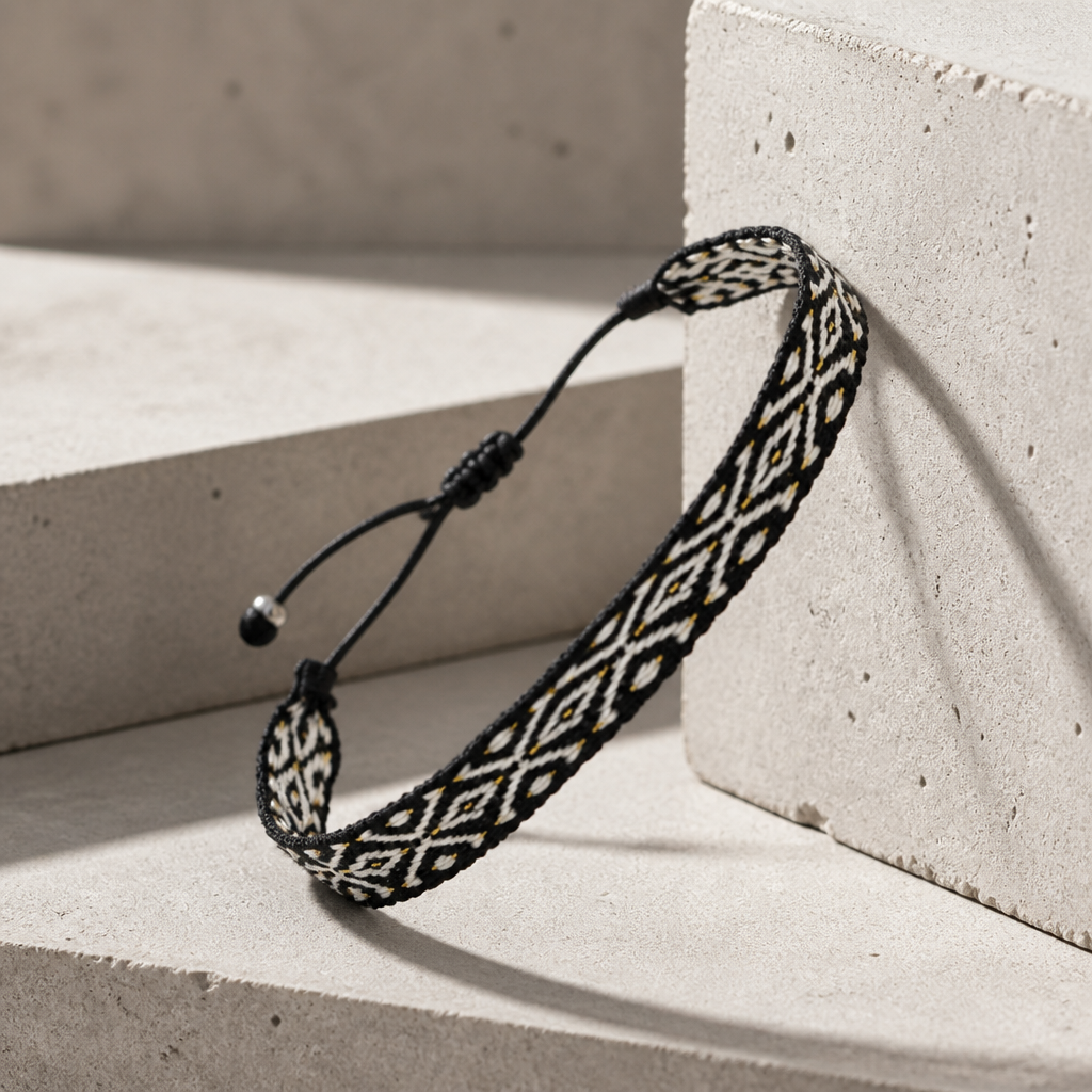 Bracelet indien homme noir, ruban tissé à losanges blancs, posé contre un bloc de béton