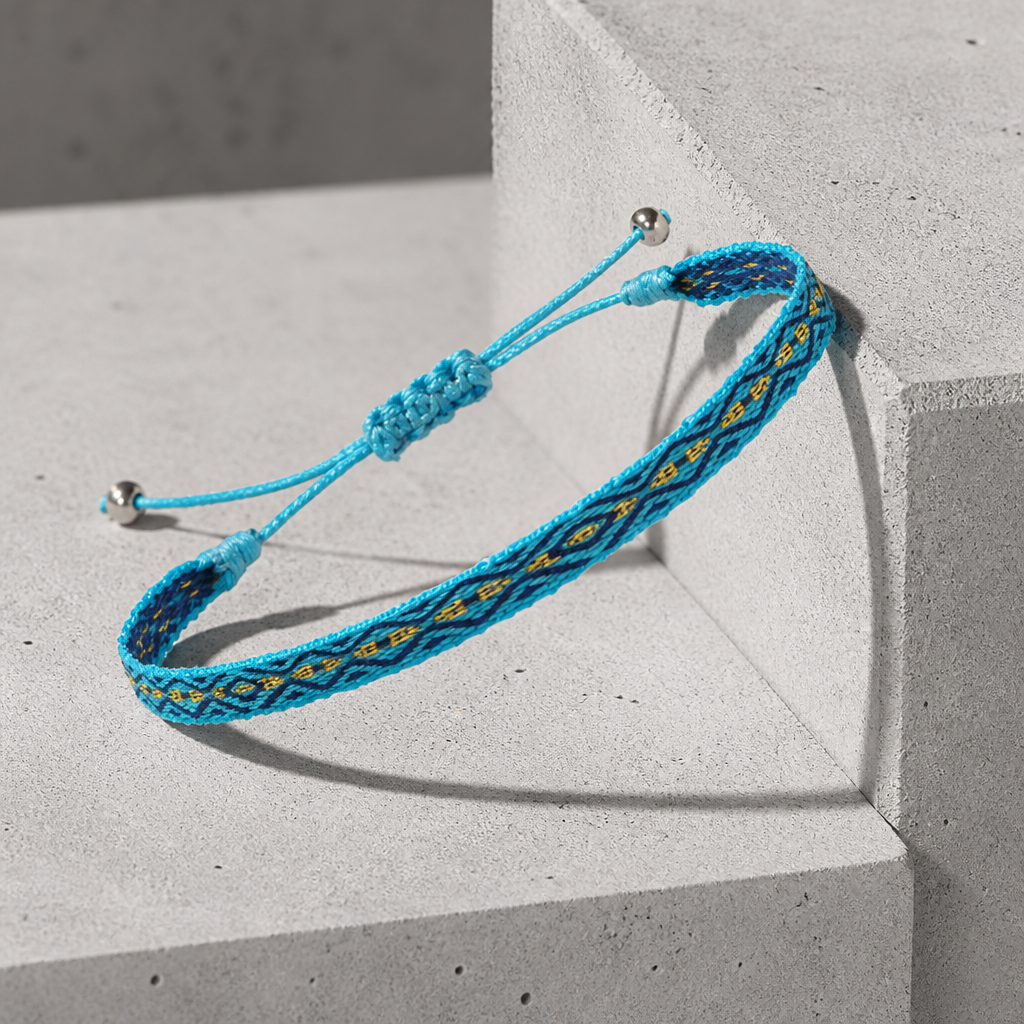 Coloris turquoise et jaune, motif géométrique tissé dans la trame
