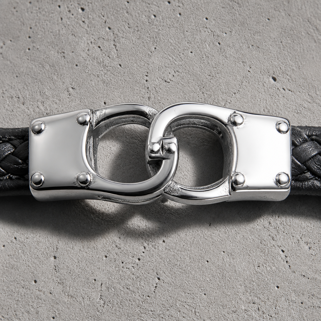 Gros plan du motif de l'infini en acier inoxydable poli du bracelet homme