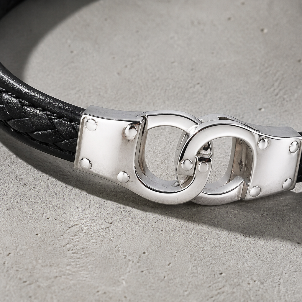 Détail du fermoir et du huit d'acier du bracelet infini homme en lanière tressée