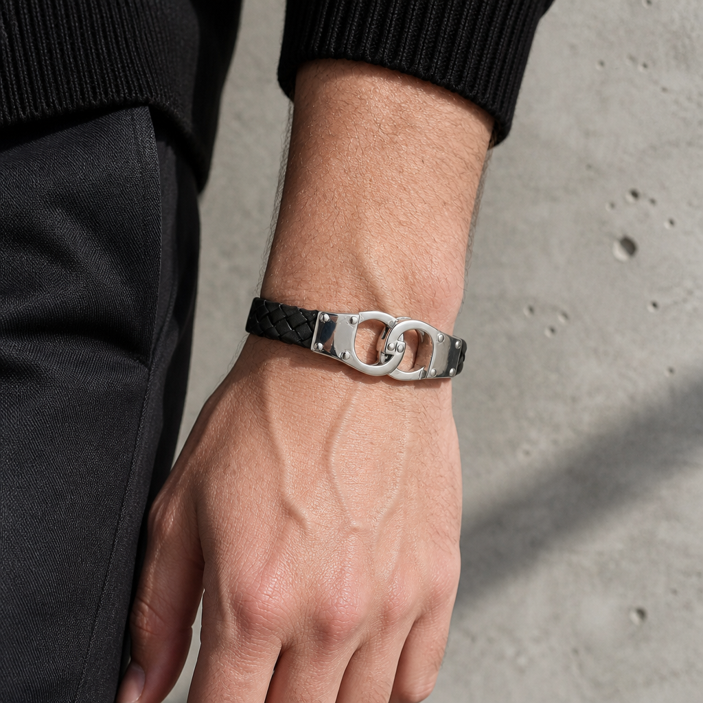 Bracelet infini homme porté au poignet, lanière tressée noire et motif d'acier