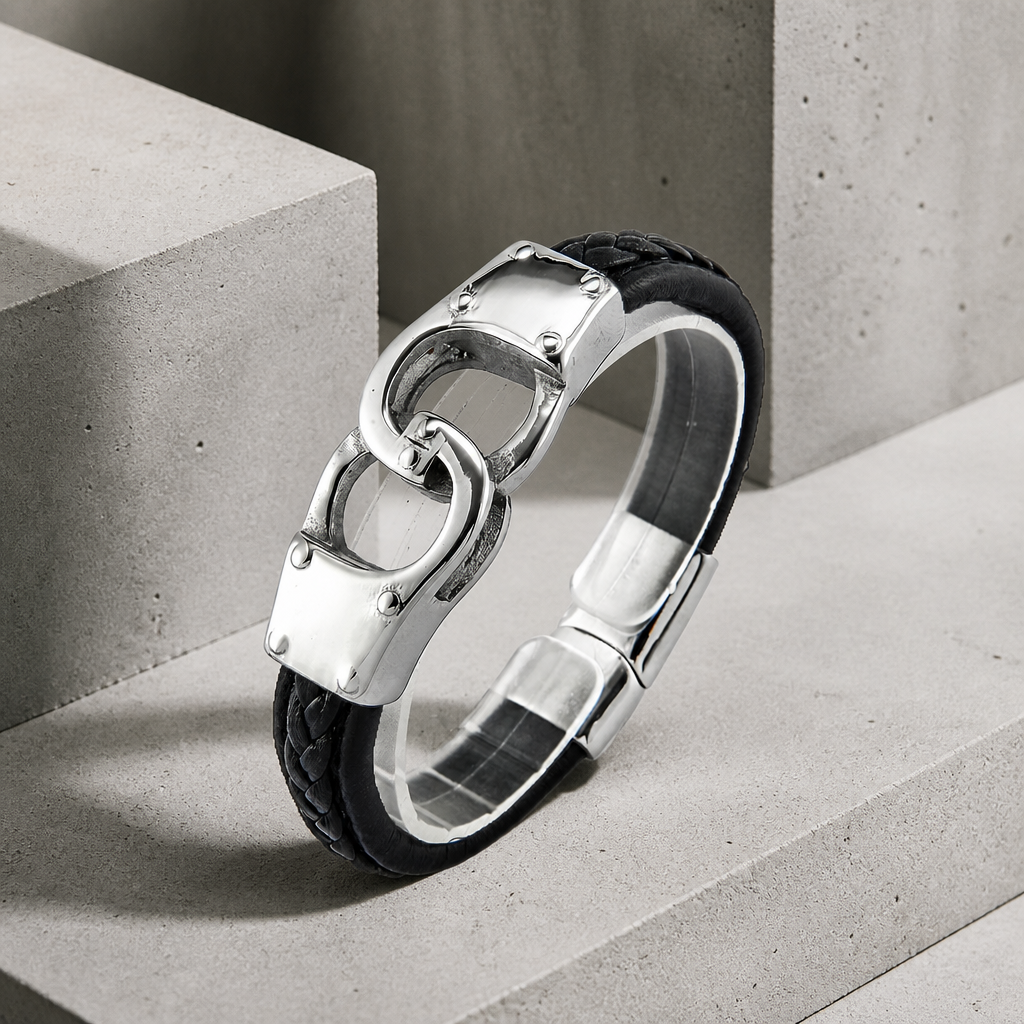 Bracelet infini homme, lanière noire tressée et motif de l'infini en acier inoxydable, sur béton