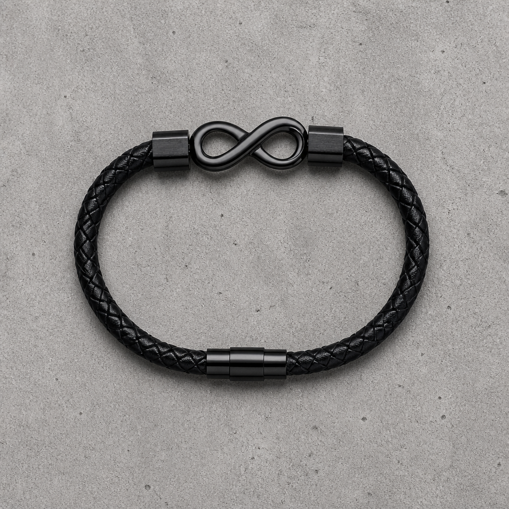 Bracelet infinity homme à plat, cordon noir et fermoir aimanté