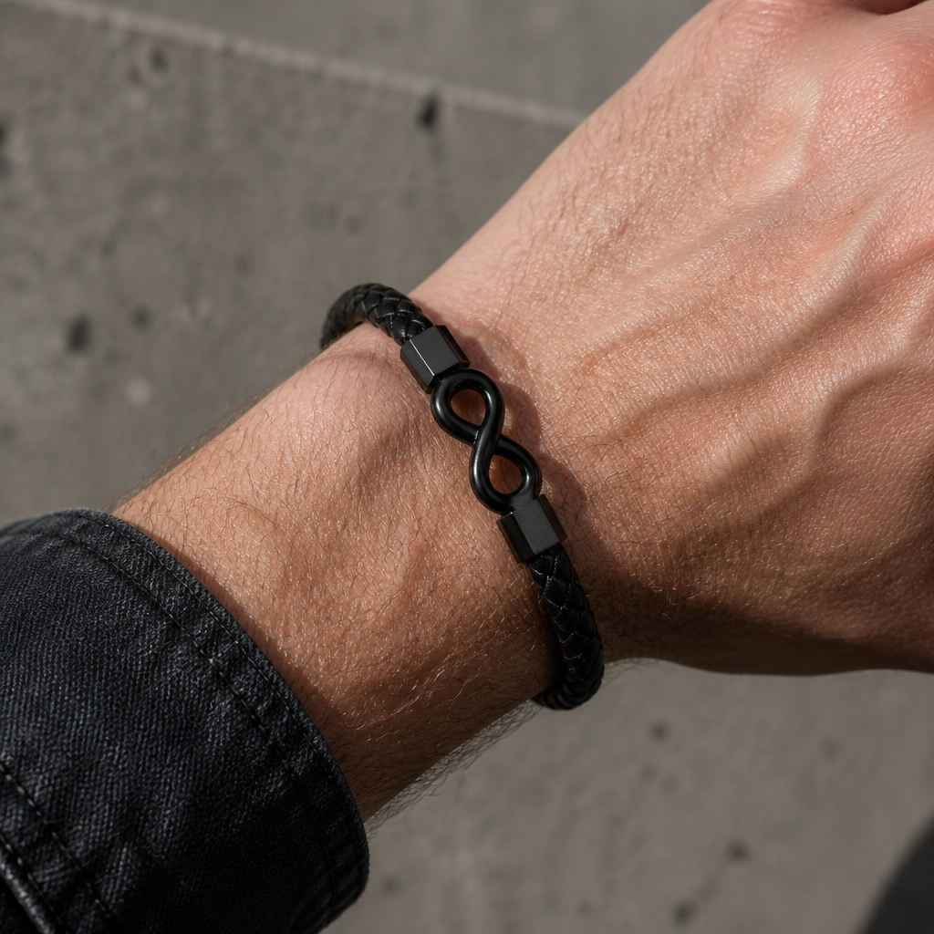 Bracelet infinity noir porté au poignet d'un homme