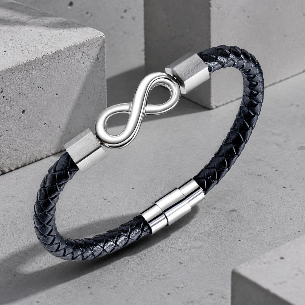 Bracelet infinity homme, signe de l'infini argenté en acier sur cordon noir