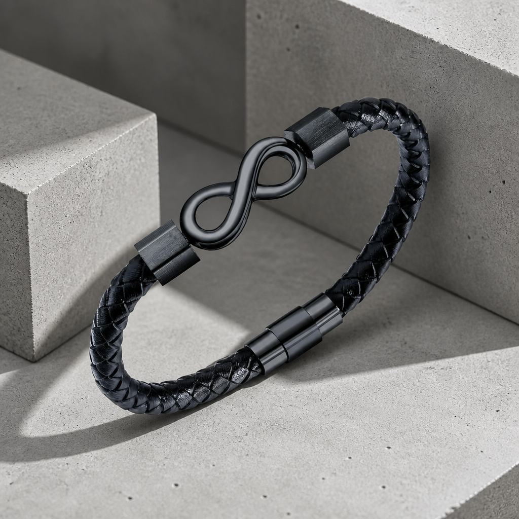 Bracelet infinity homme, cordon noir tressé et huit noir en acier