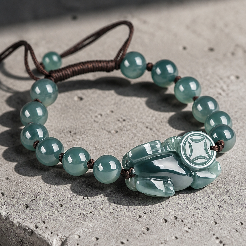 Vue de dessus du bracelet, figure Pixiu taillée dans la jadéite entre deux perles