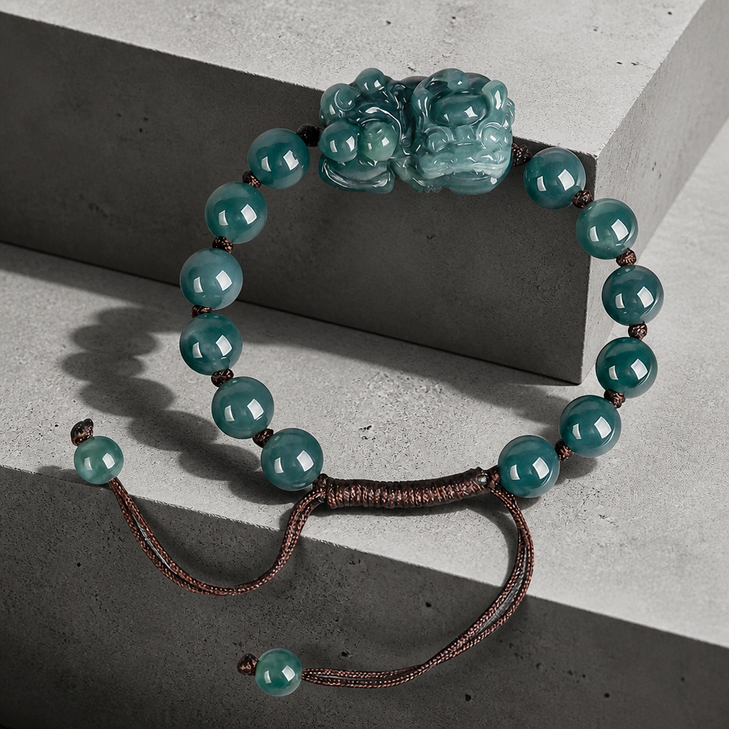 Bracelet jade homme sur du béton, perles de jadéite bleu-eau et Pixiu sculpté