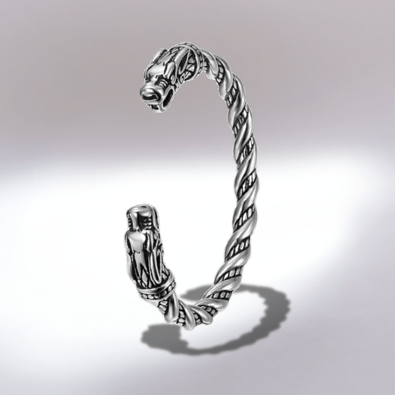 Bracelet jonc viking homme argent, torsade ouverte à têtes de loup