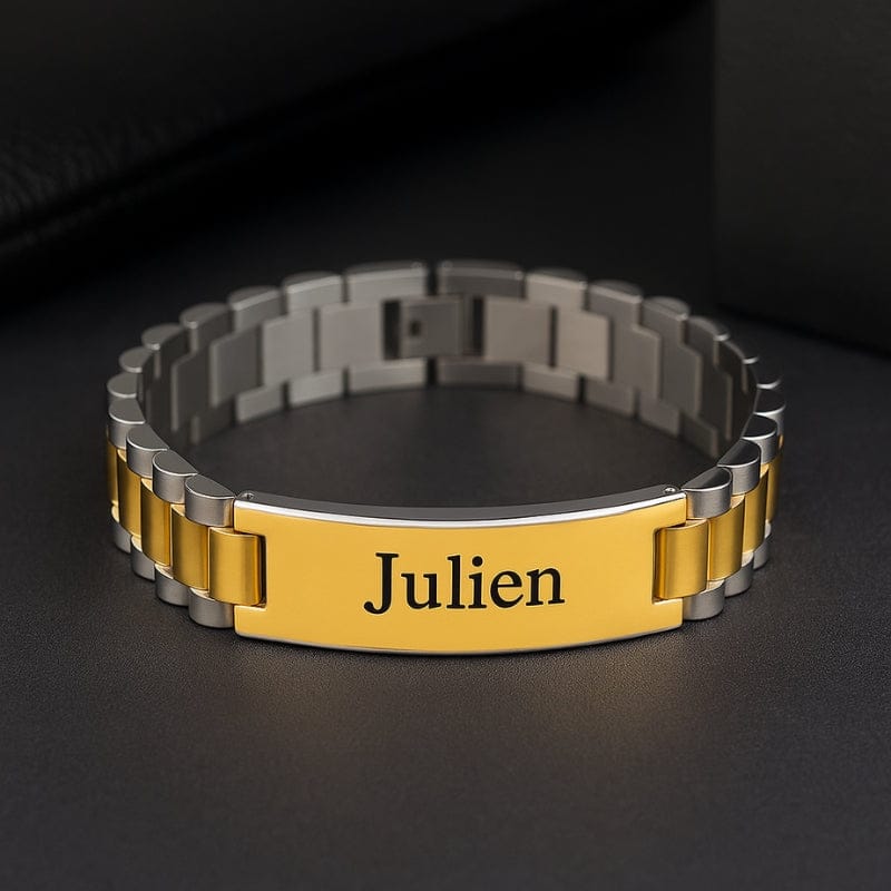 Bracelet large homme en acier bicolore, plaque dorée gravée d'un prénom