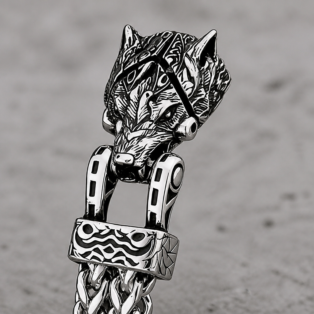 Des Finitions Exemplaires - Bracelet Loup Homme Viking, Maille Acier Argentée