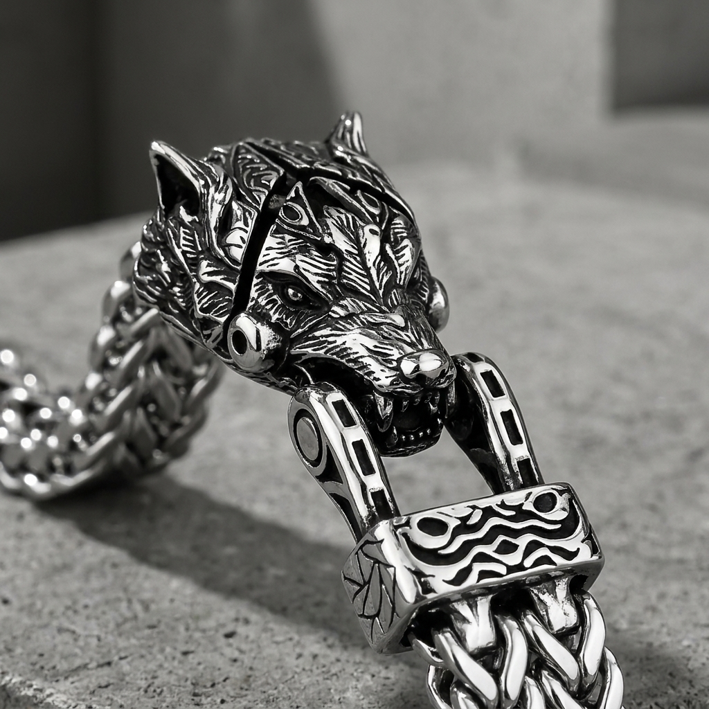 Macro de la gueule de loup sculptée, poil et crocs creusés dans l'acier, refermée sur le boîtier gravé de vagues