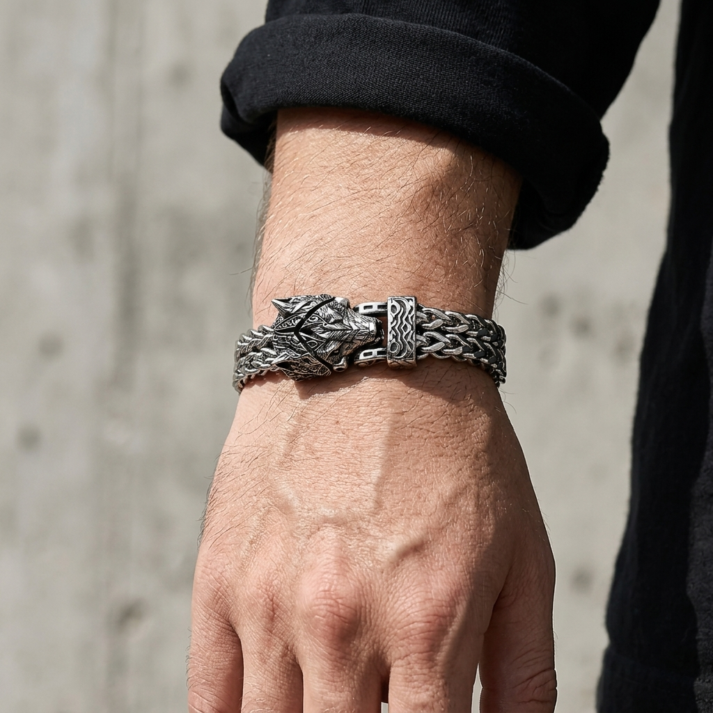 Bracelet loup homme viking porté au poignet, tête de loup sur le dessus du bras et maille d'acier large