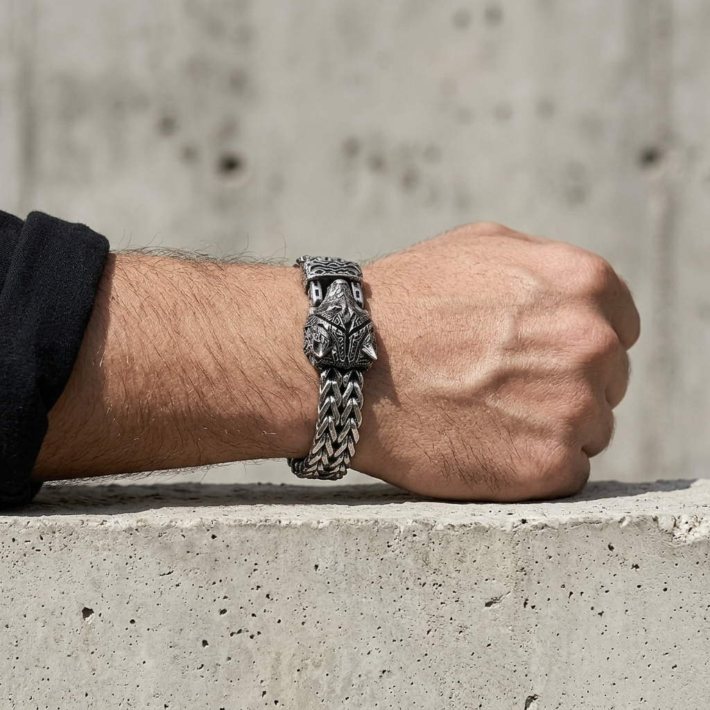 Bracelet tête de loup en maille d'acier porté au poignet, poing fermé sur du béton
