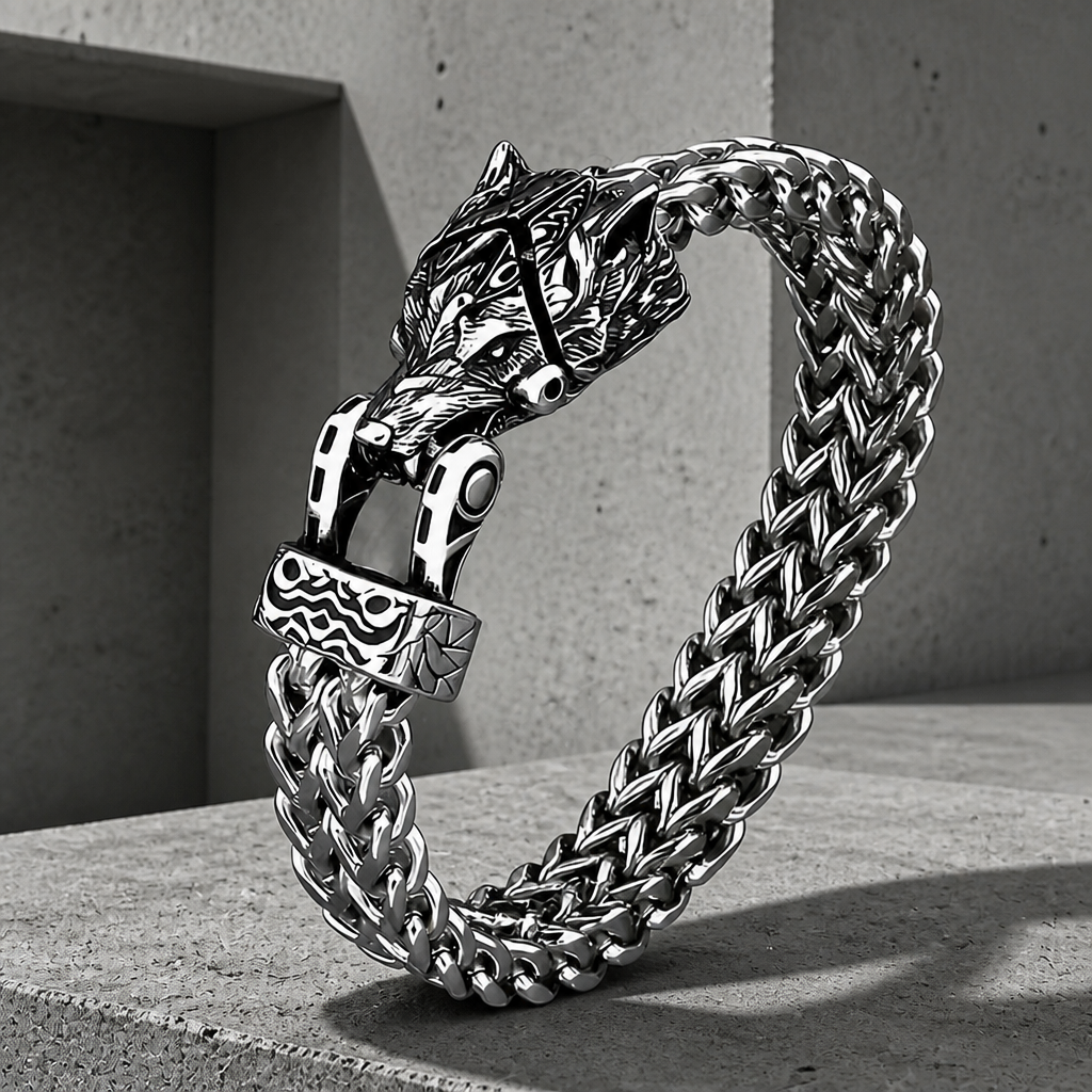 Bracelet loup homme viking, gueule de loup sculptée refermée sur un boîtier gravé, maille d'acier à deux rangs