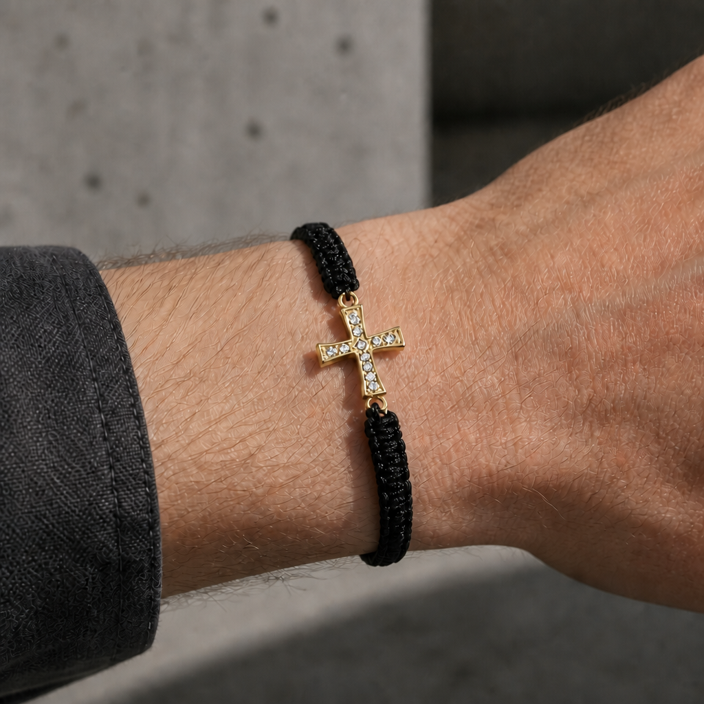 Bracelet macramé noir à croix dorée porté au poignet