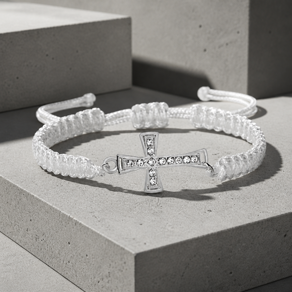 Bracelet macramé homme, cordon blanc et croix argentée sertie