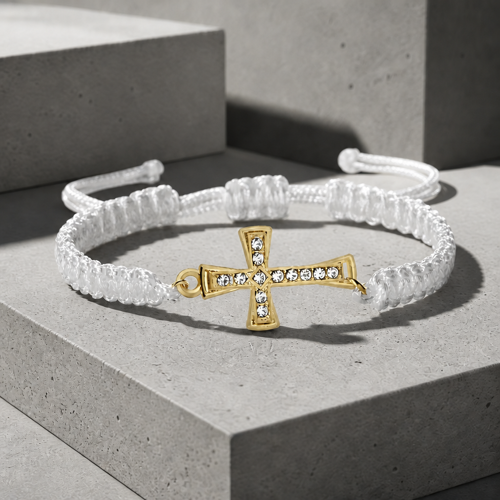 Bracelet macramé homme, cordon blanc et croix dorée sertie