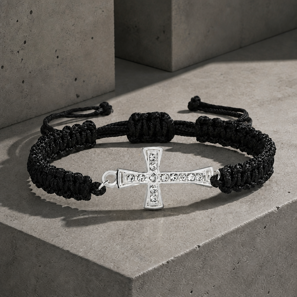 Bracelet macramé homme, cordon noir et croix argentée sertie