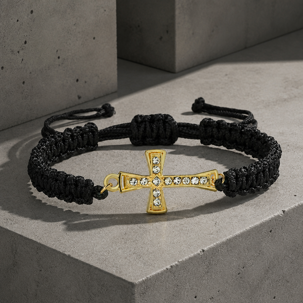 Bracelet macramé homme, cordon noir et croix dorée sertie