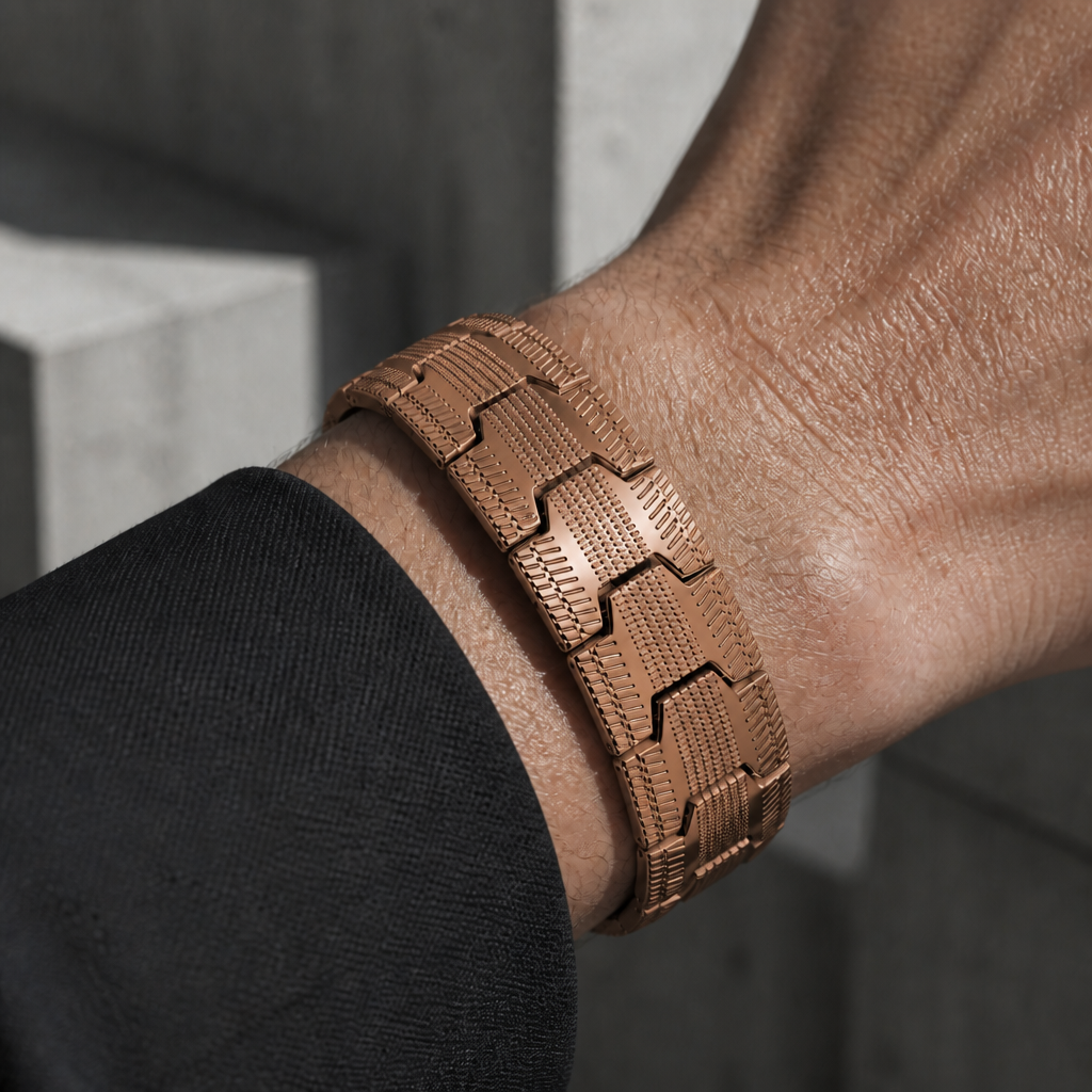Bracelet magnétique homme bronze porté au poignet