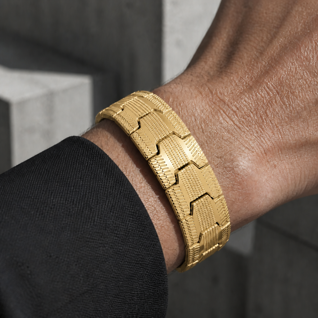Bracelet magnétique homme or porté au poignet