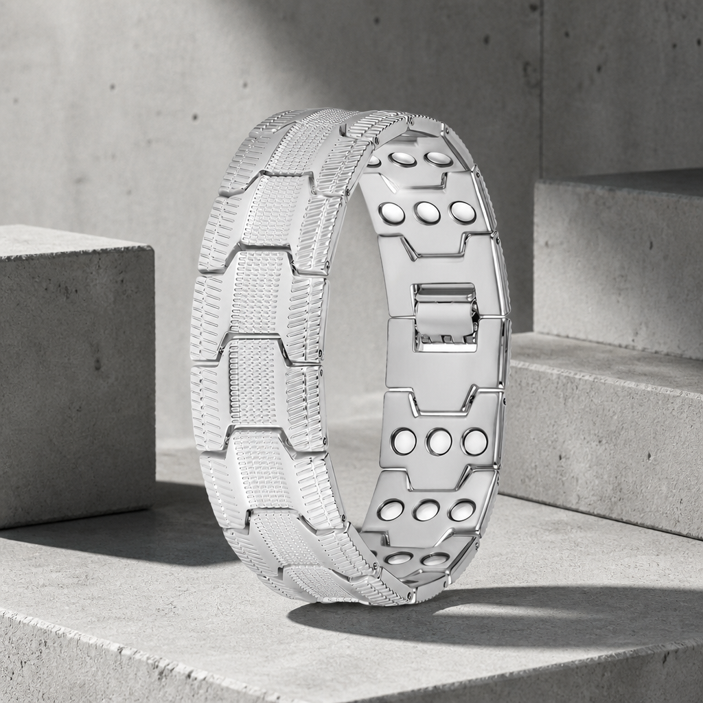 Bracelet magnétique homme maillons en croix, finition argent, aimants sur la face intérieure