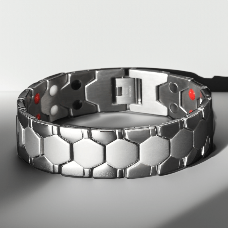 Bracelet magnétique homme argent, maillons hexagonaux et fermoir déployant