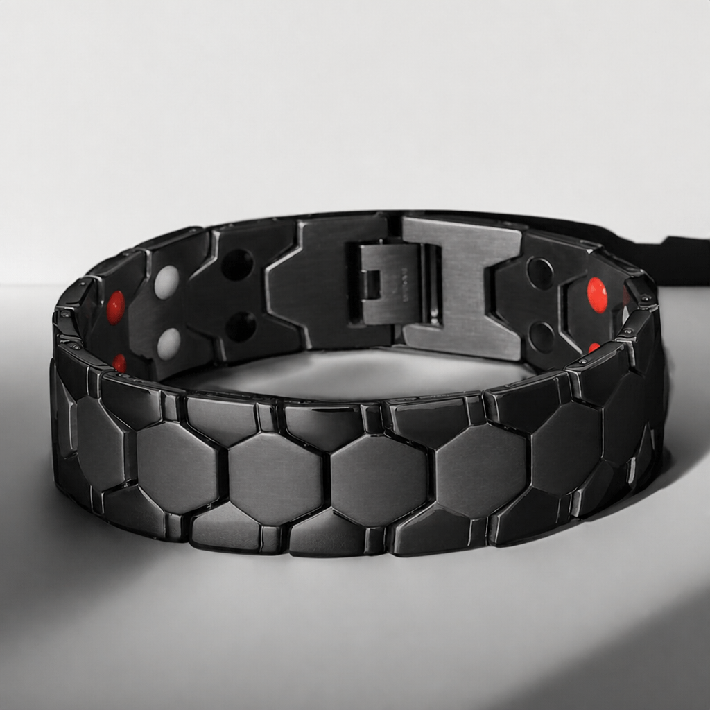 Bracelet magnétique homme en acier noir, maille nid d'abeille et aimants encastrés