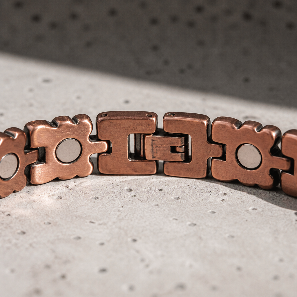 Face intérieure du bracelet avec les aimants ronds sertis dans les maillons