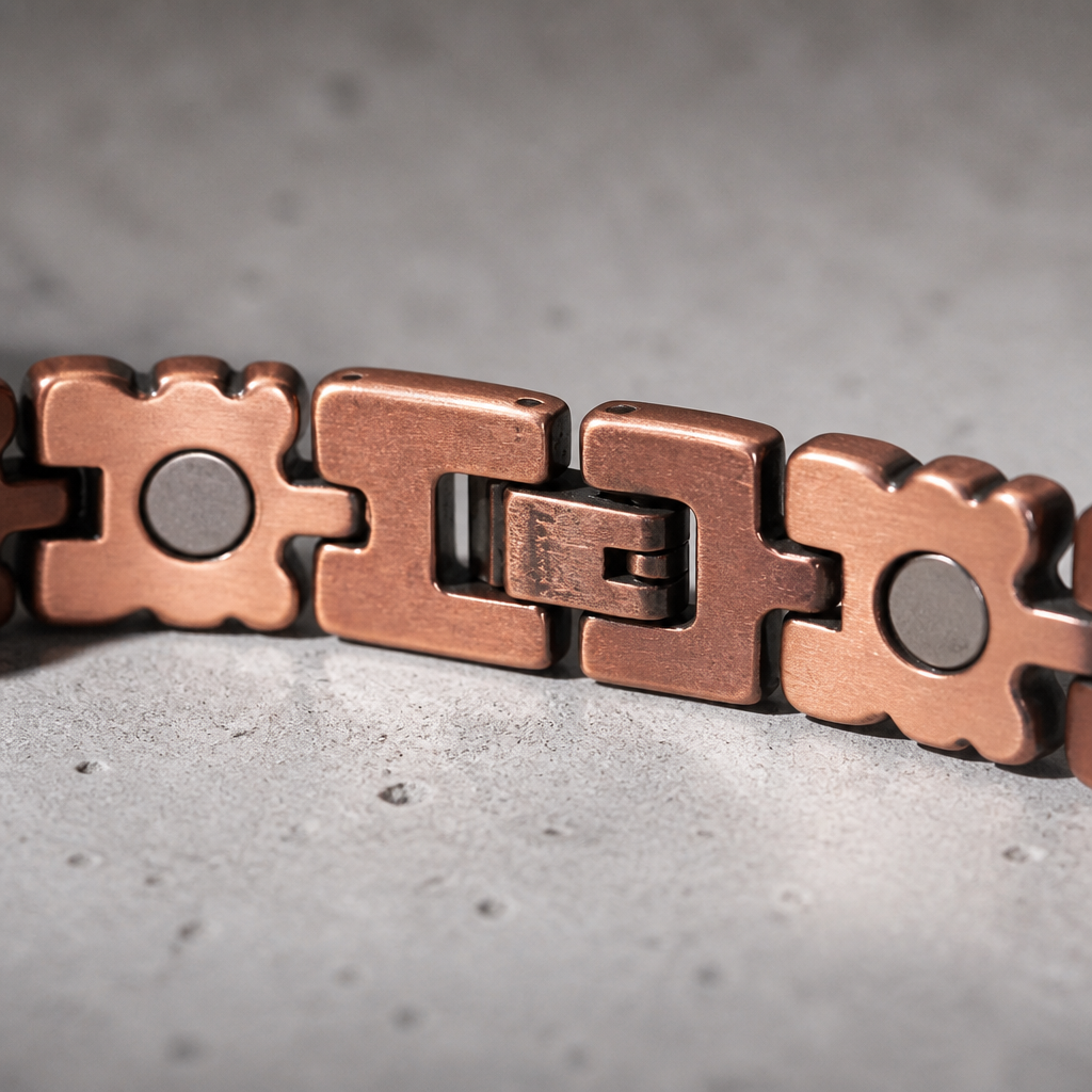Macro de la boucle repliable du bracelet en cuivre