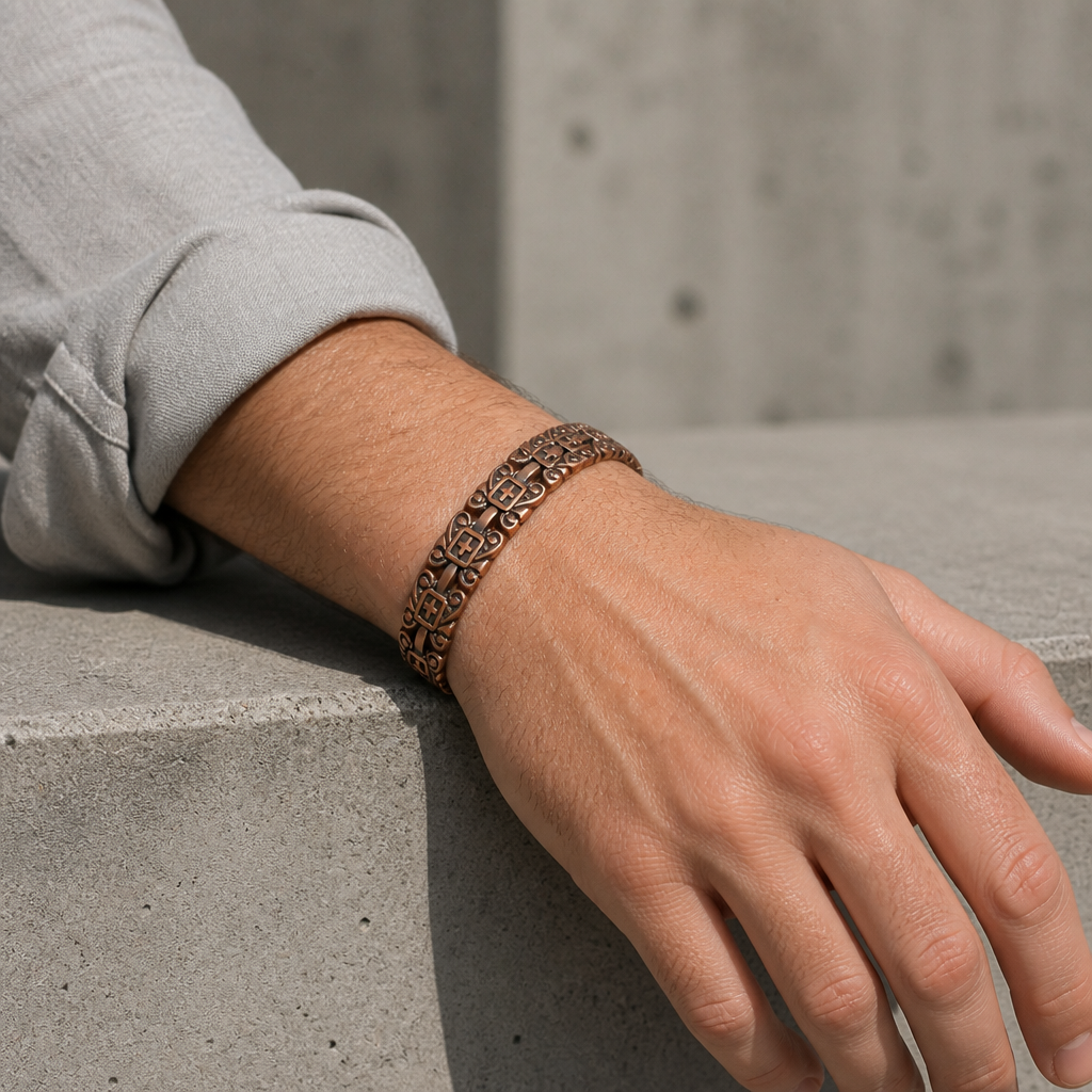 Avant-bras posé sur du béton, bracelet en cuivre au poignet