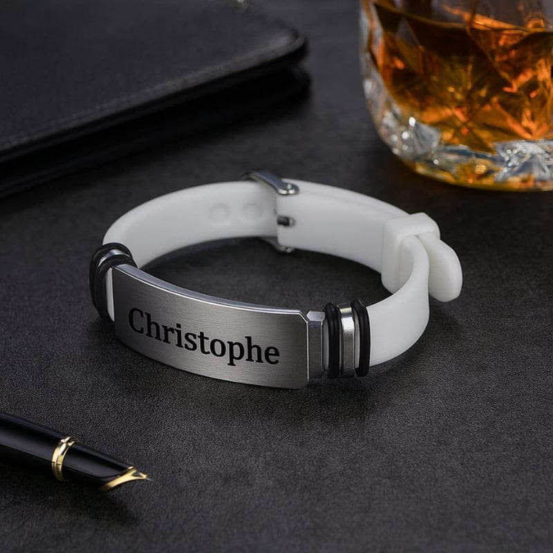 Bracelet manchette homme en silicone blanc, plaque acier gravée