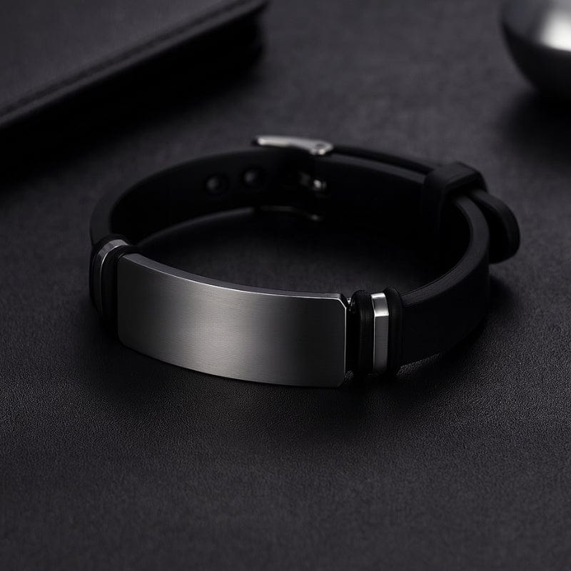 Bracelet manchette homme silicone noir et plaque en acier argent