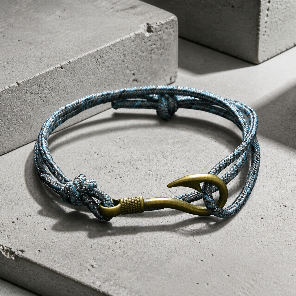Bracelet marin homme en corde tressée gris-bleu à fermoir hameçon