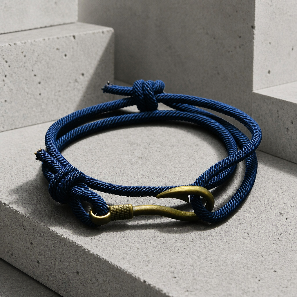Bracelet marin homme en corde tressée bleu marine à fermoir hameçon