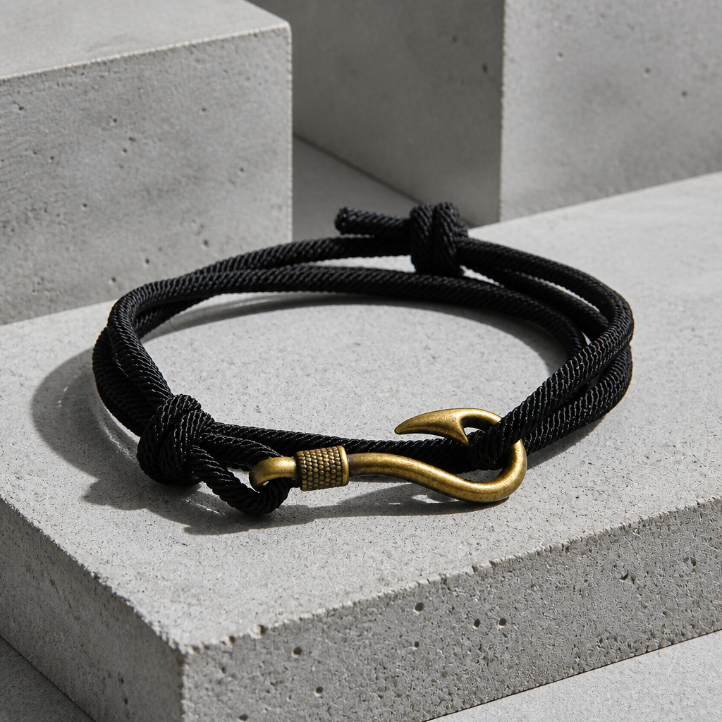 Bracelet marin homme en corde tressée noire à fermoir hameçon laiton vieilli