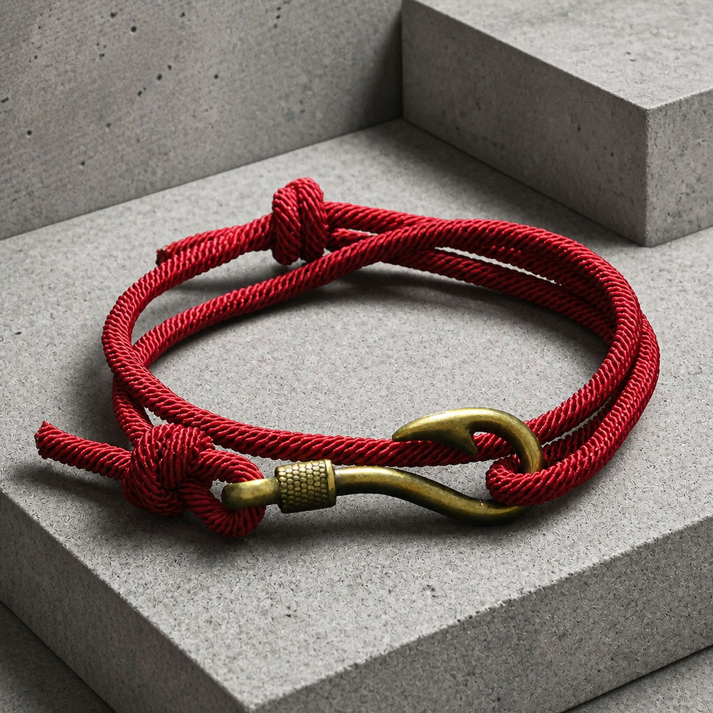 Bracelet marin homme en corde tressée rouge à fermoir hameçon