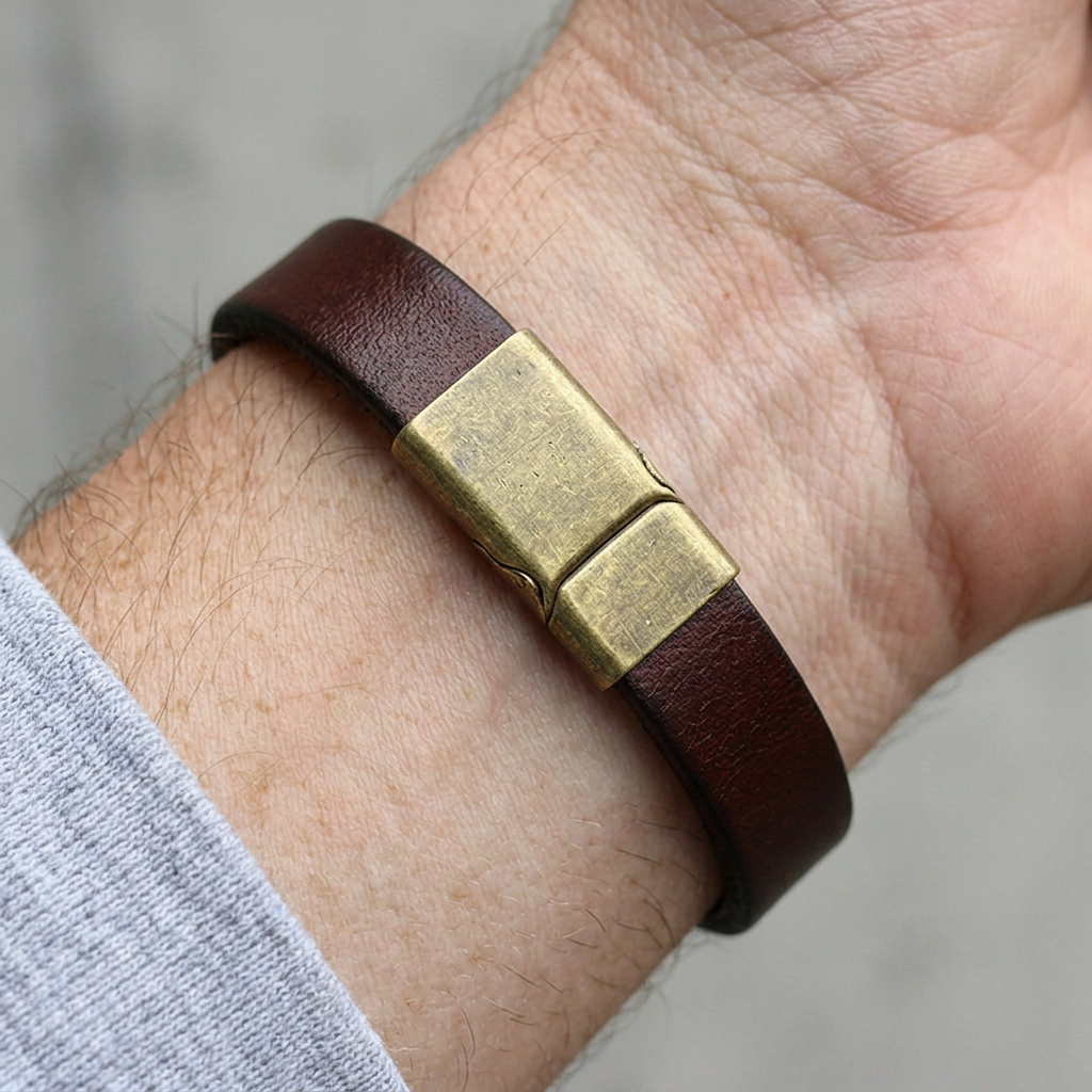 Bracelet marron homme porté au poignet, fermoir plaque sur le dessus