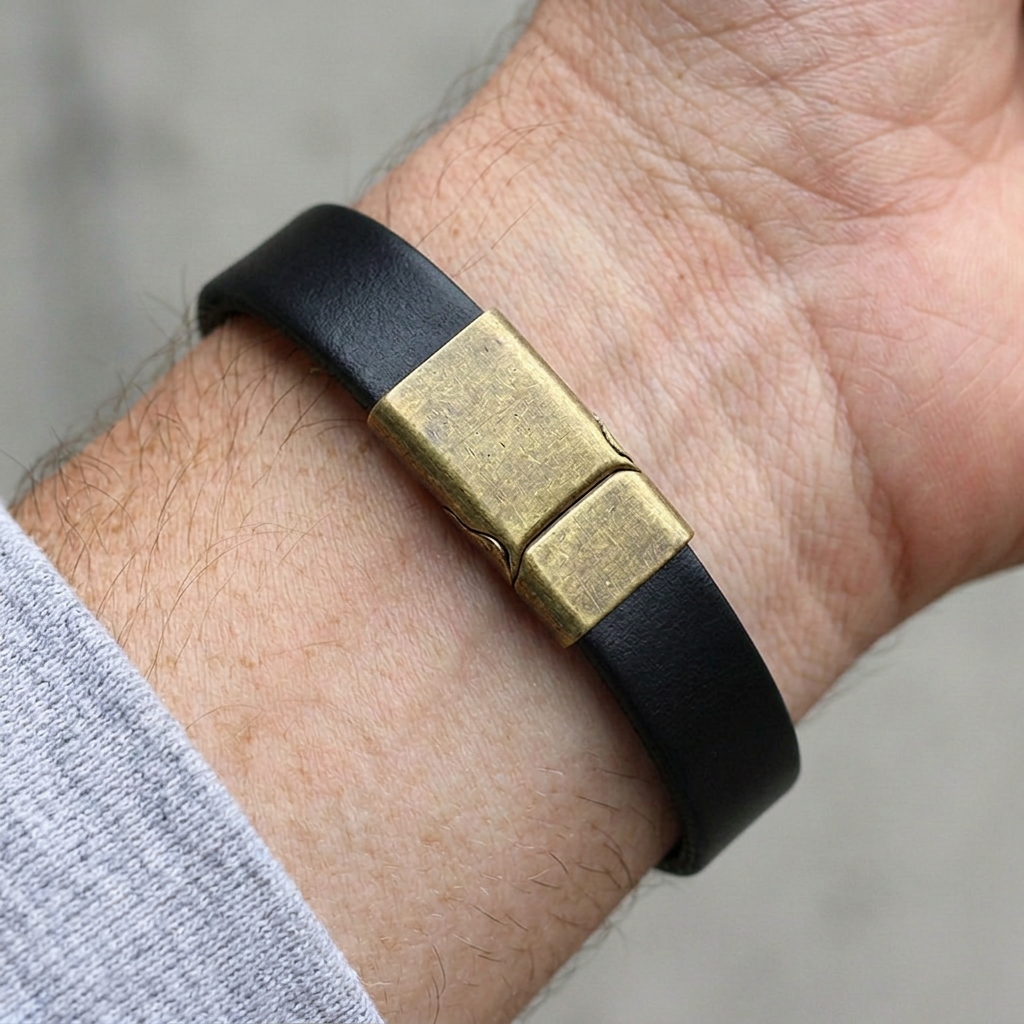 Bracelet en cuir noir porté au poignet, fermoir plaque ton laiton