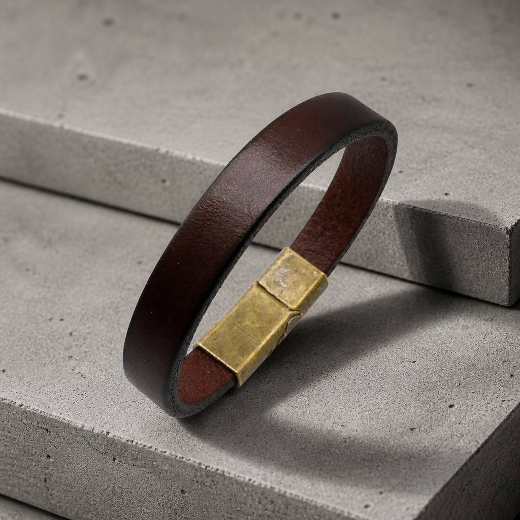Bracelet marron homme en cuir de vachette, fermoir plaque ton laiton vieilli, sur béton clair
